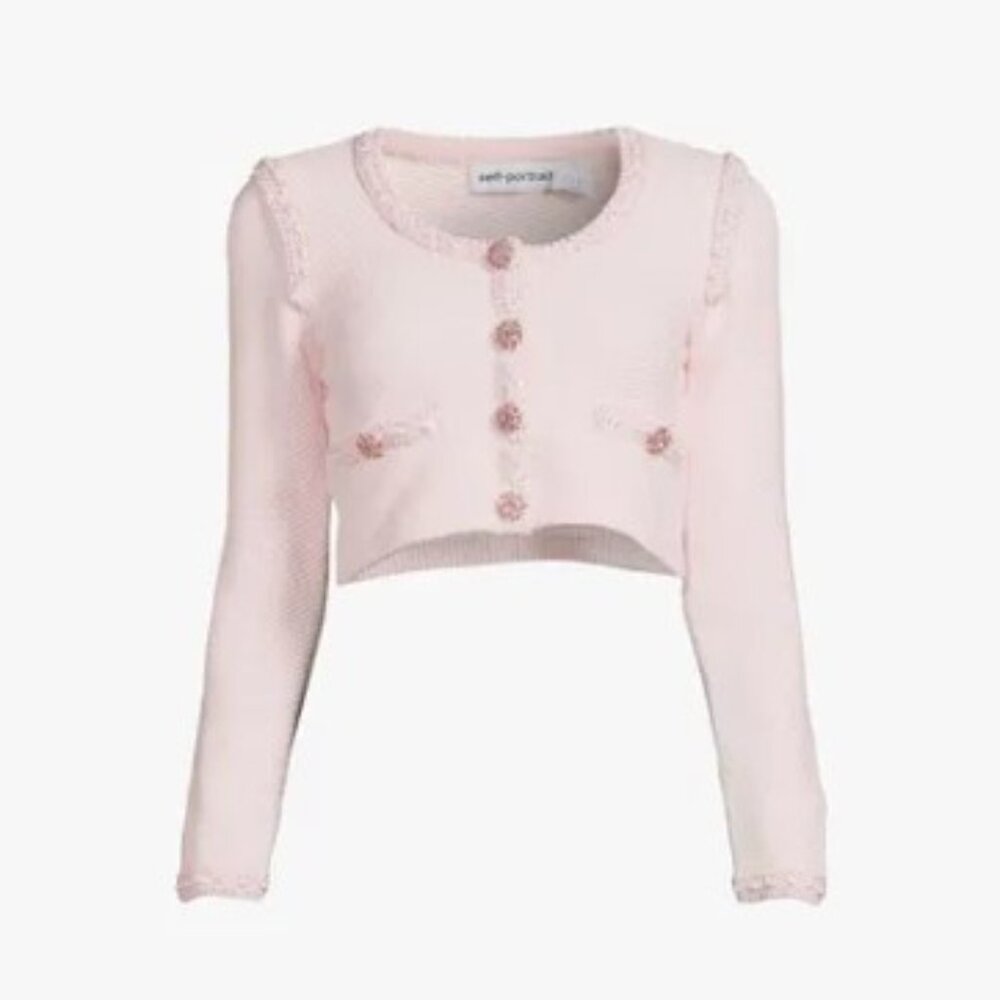 SOLD Self-Portrait Baby Pink Knit Crop Cardigan | XS | Pearl Button Detail - Picture 2 of 11